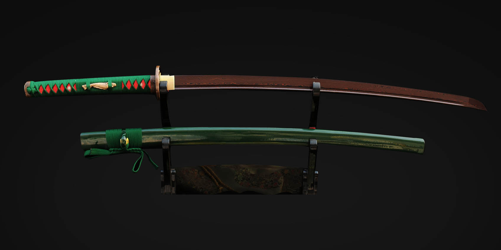Damascus Steel sword—Red and Black Folded Steel with Copper Fish Tsuba
