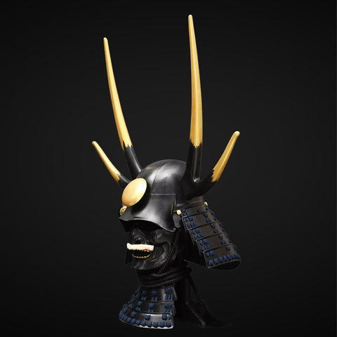 Life-size handmade samurai armor with antlers helmet, perfect for historical displays and cosplay.

