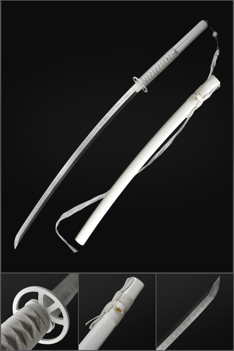 Hand Forged Anime Bleach Rukia's Katana Sword Sode No Shirayuki Honsanmai Clay Tempered Mirrorlike Blade 