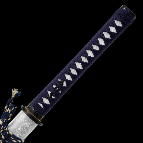 Silver Straight-Blade Samurai Sword Blue Handle, White Rayskin 1045 Carbon Steel