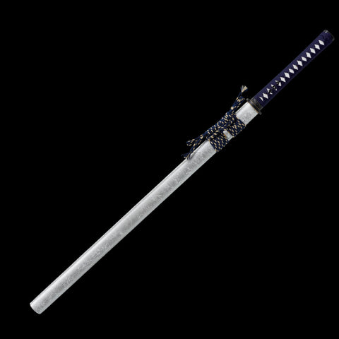Silver Straight-Blade Samurai Sword Blue Handle, White Rayskin 1045 Carbon Steel