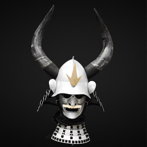 Handcrafted silver Japanese samurai armor, reminiscent of Enclave power armor in design.

