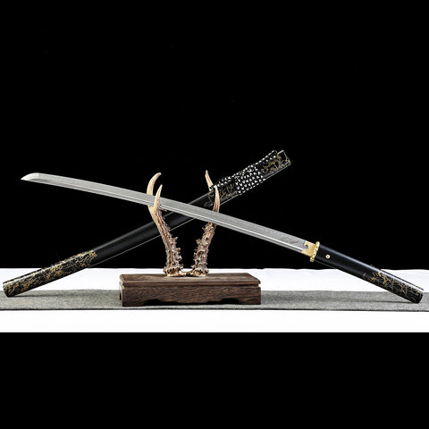 Ghost of Yotei Soul Dark Night Golden Katana Full View with Wooden Saya