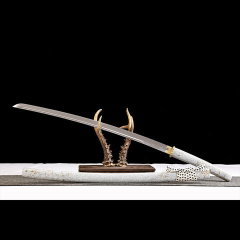 Ghost of Yotei Soul Dawn Golden Katana Full View with Wooden Saya