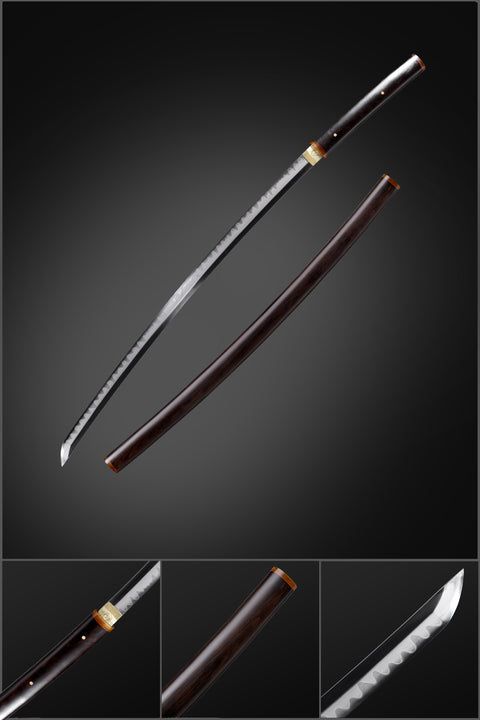 Ebony Wood Saya Katana with T10 forged blade, copper guard, and yellow cow horn inlays. -QQ-0260U-COOLKATANA