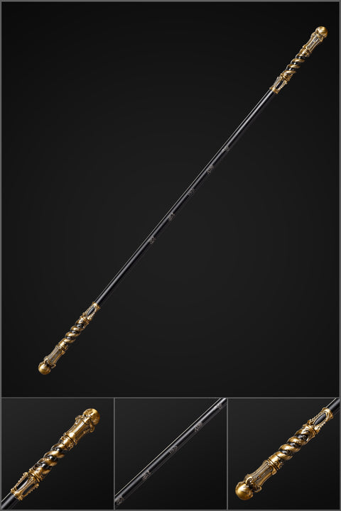 Full view of the 148cm Sun Wukong staff replica with silver steel shaft and black-gold dragon fittings
 QQhjmnjgb