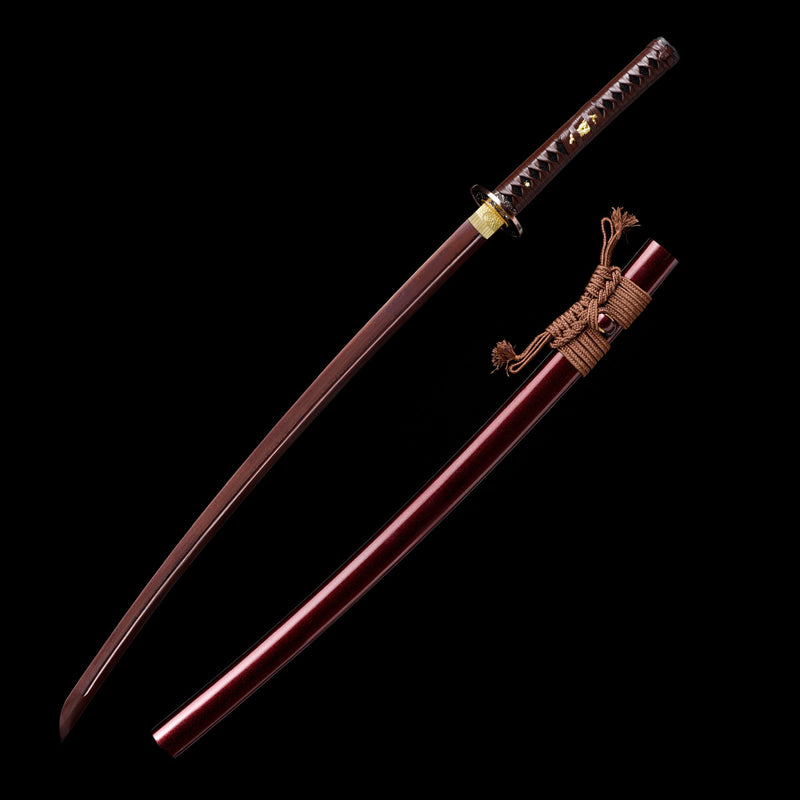Handgefertigtes Katana aus gefaltetem Stahl, klein, Kurumaru, roter Hamon, kampfbereit 