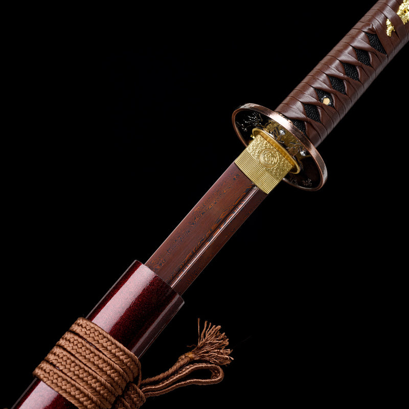 Handgefertigtes Katana aus gefaltetem Stahl, klein, Kurumaru, roter Hamon, kampfbereit 