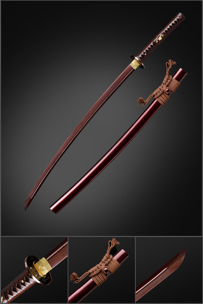 Handgefertigtes Katana aus gefaltetem Stahl, klein, Kurumaru, roter Hamon, kampfbereit 
