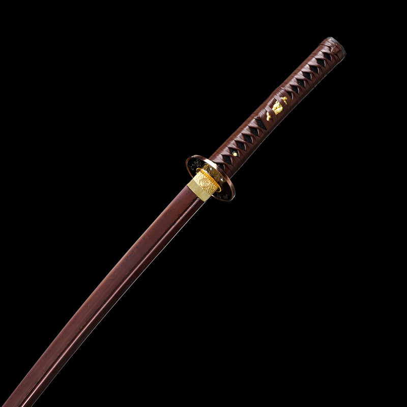 Handgefertigtes Katana aus gefaltetem Stahl, klein, Kurumaru, roter Hamon, kampfbereit 