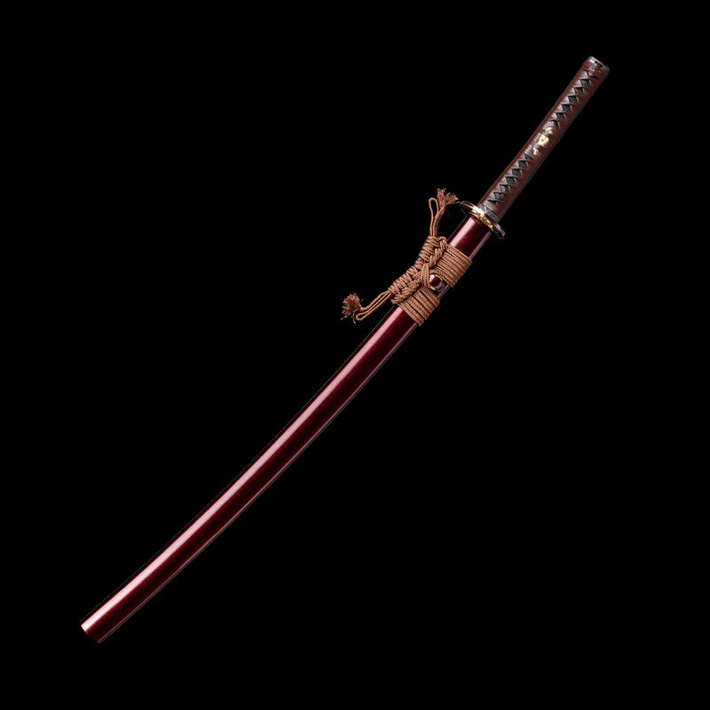 Handgefertigtes Katana aus gefaltetem Stahl, klein, Kurumaru, roter Hamon, kampfbereit 