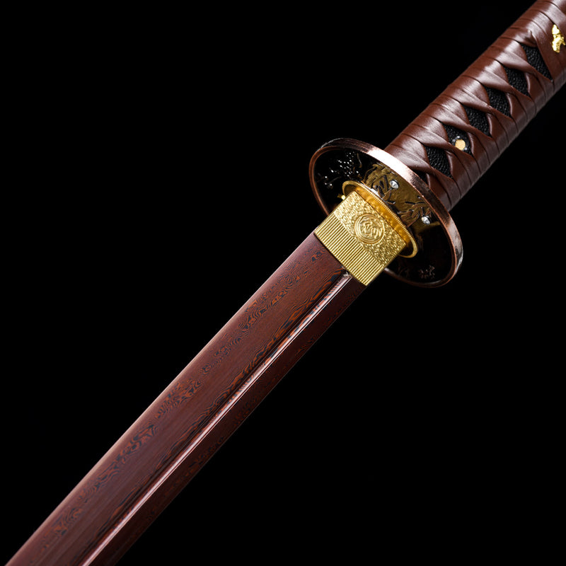 Handgefertigtes Katana aus gefaltetem Stahl, klein, Kurumaru, roter Hamon, kampfbereit 