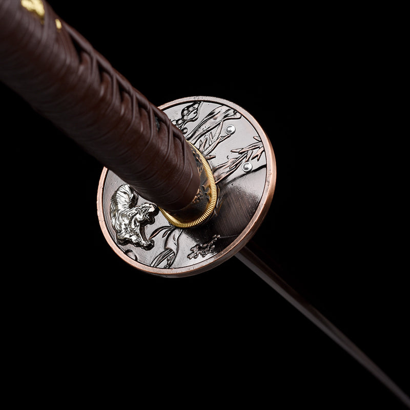 Handgefertigtes Katana aus gefaltetem Stahl, klein, Kurumaru, roter Hamon, kampfbereit 