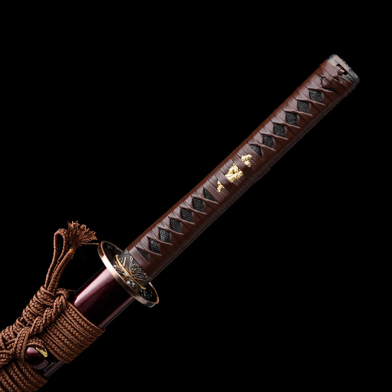 Handgefertigtes Katana aus gefaltetem Stahl, klein, Kurumaru, roter Hamon, kampfbereit 