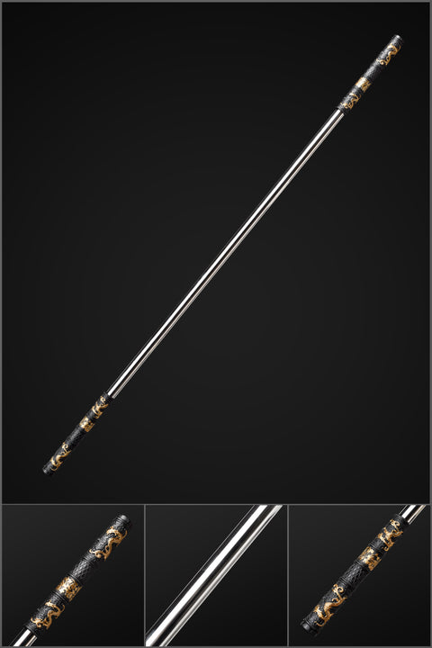 Full-length view of the 150cm Ruyi Jingu Bang staff replica with silver steel body and black-gold alloy ends QQbxgjgb

