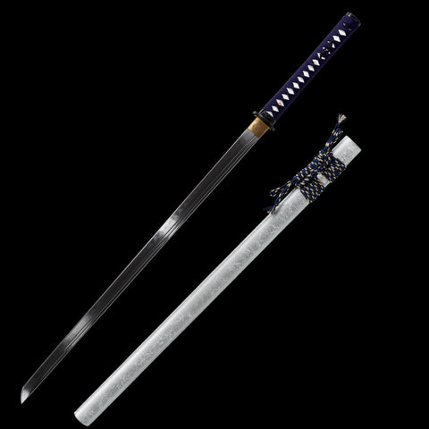 Silver Straight-Blade Samurai Sword Blue Handle, White Rayskin 1045 Carbon Steel