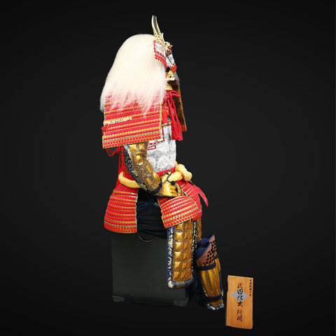 Knights armor fusion, blending medieval knight armor elements with the regal and distinctive Takeda Clan armor, featuring a golden finish and fierce yak-haired helmet.

