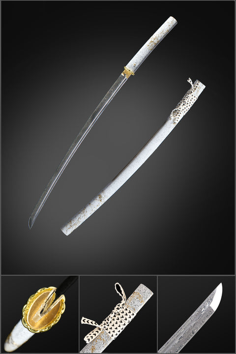 Ghost of Yotei Atsu Gilded Dawn Damascus Steel Katana full view QQ-0270U QQ-02702U