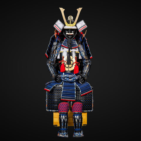 Fallout New Vegas armor style inspiration, blended with the traditional samurai aesthetics of the Oda Clan, showcasing formidable protection in a striking blue and black color scheme.

