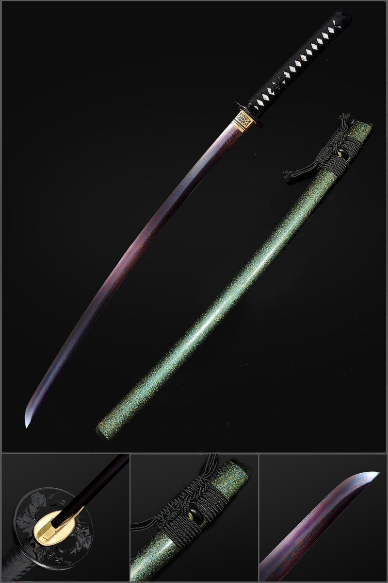 Folded Steel Bluing Blade Japanese Samurai Katana with Black Floral Saya 