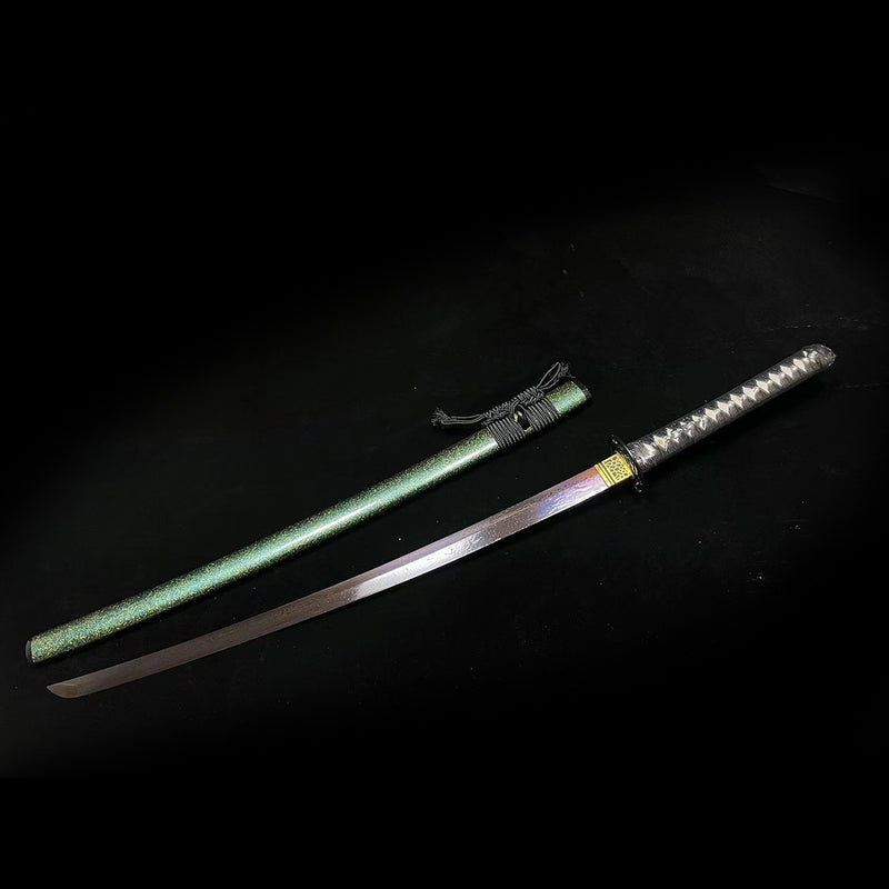 Folded Steel Bluing Blade Japanese Samurai Katana with Black Floral Saya 
