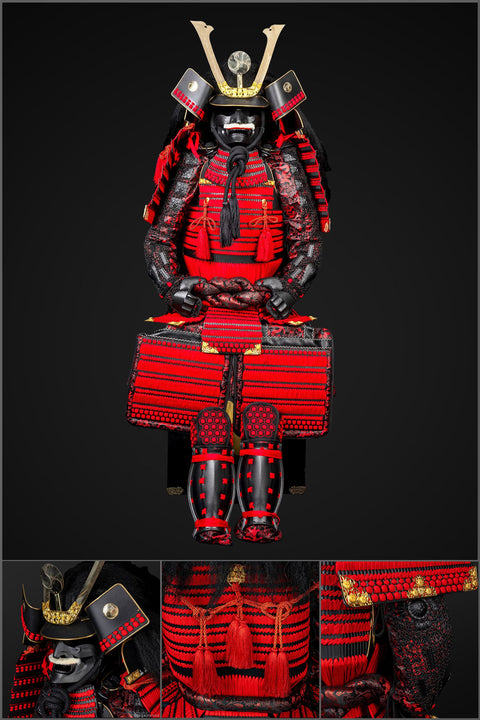 Handmade Kachi Red & Black Oda Clan Samurai Armor, Life-Size Yoroi

