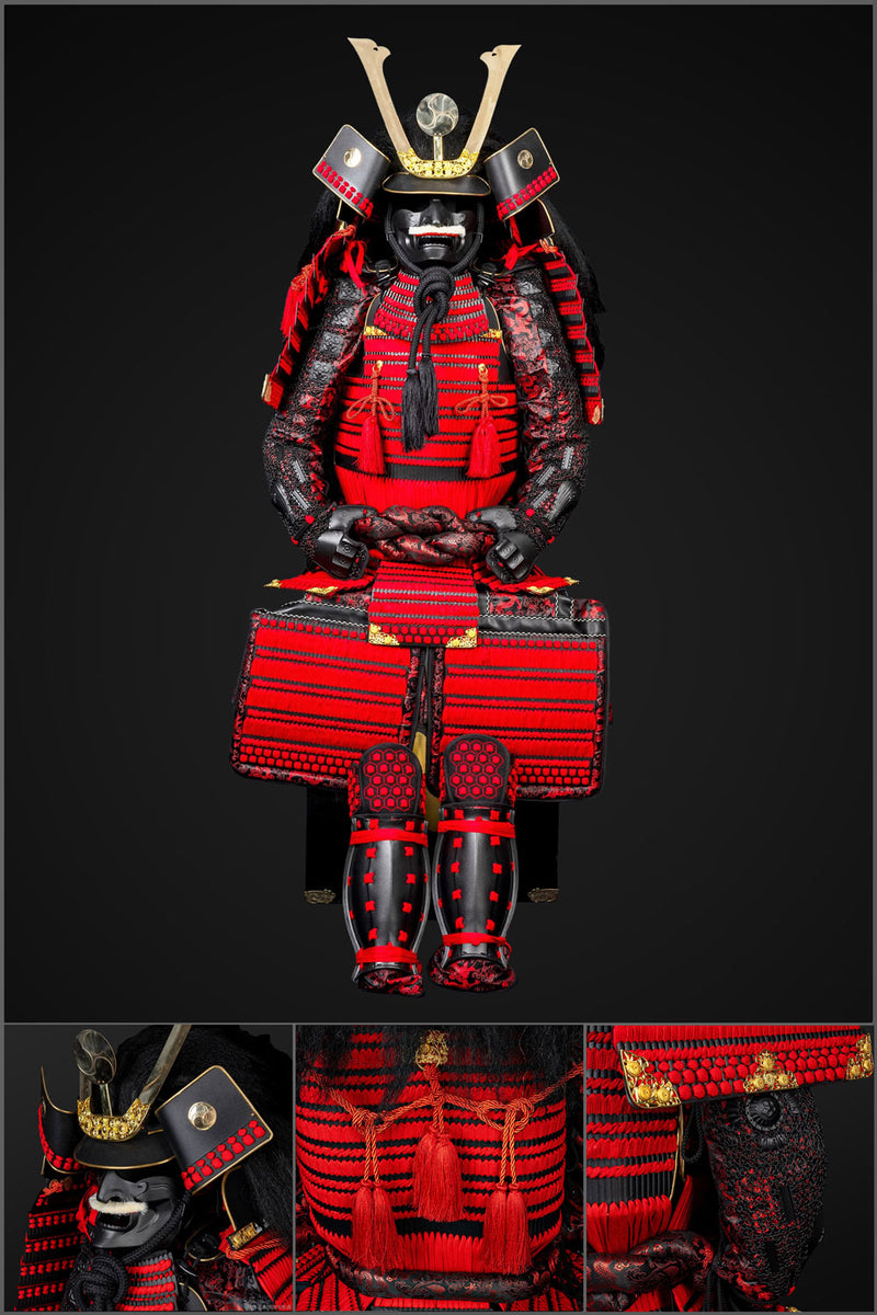 Handmade Kachi Red & Black Oda Clan Samurai Armor, Life Size Yoroi 