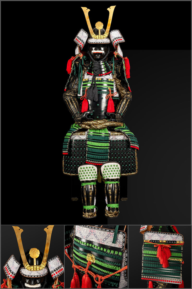 Handmade Life-Size Oda Clan Samurai Armor – Kachi Black & Green Yoroi 