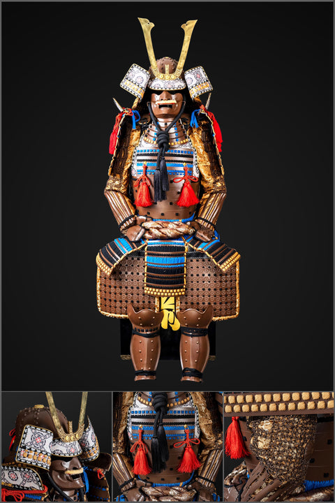 Handmade Life-Size Oda Clan Kachi Samurai Armor – Brown & Golden Yoroi

