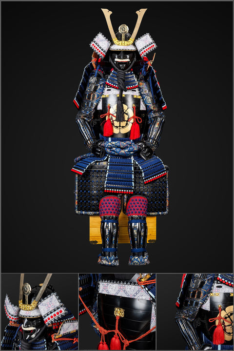 Handmade Life-Size Yoroi Oda Clan Kachi Armor, featuring bold blue and black tones with intricate samurai design details, perfect for a warrior's suit.

