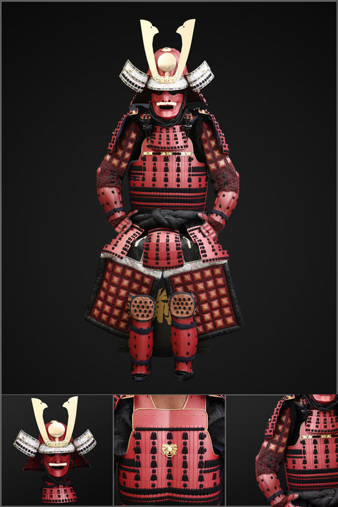 Handmade red Arima Clan Samurai Armor Set, built with resilience like rolled homogeneous armor.

