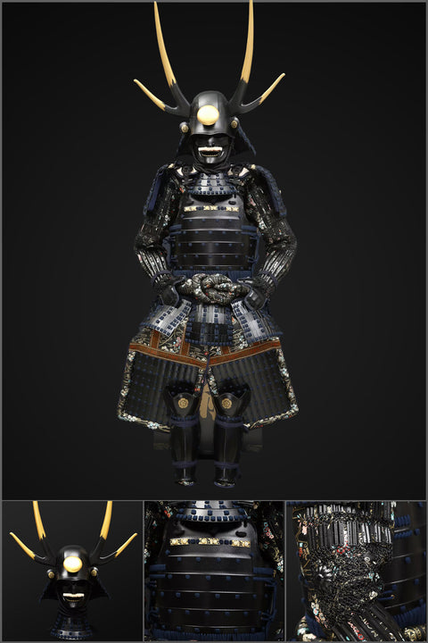 Handmade life-size Yoroi, Oda Clan black samurai armor with antlers helmet for a fierce warrior look.

