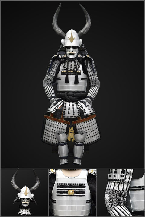 Handmade silver Japanese samurai armor, inspired by Elden Ring armors and traditional Yoroi designs.

