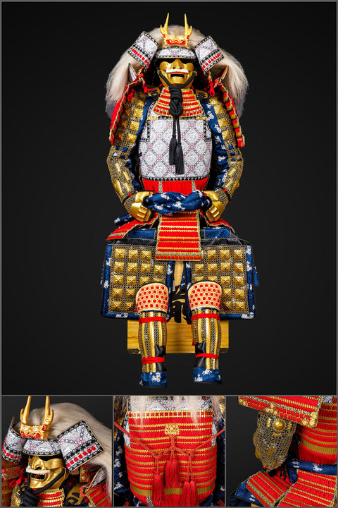 Handmade life-size Yoroi armor inspired by the Takeda Clan, featuring striking red samurai design with intricate detailing, designed for historical accuracy.

