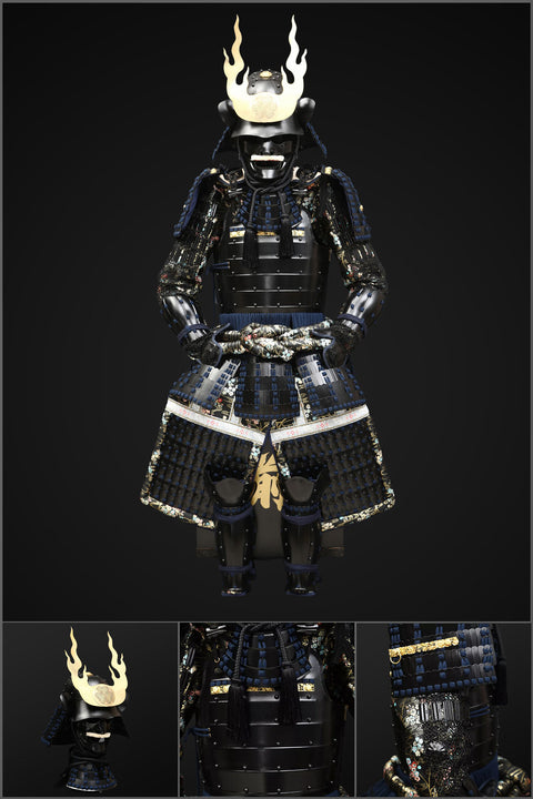 Handmade life-size Yoroi, Tokugawa Clan black samurai armor, inspired by ODST armor for a futuristic warrior look.