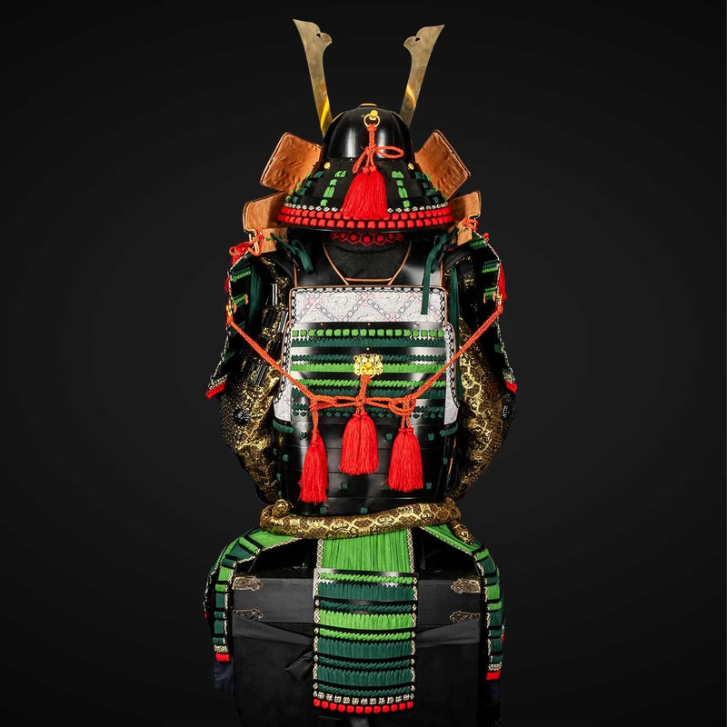 Handmade Life-Size Oda Clan Samurai Armor – Kachi Black & Green Yoroi 