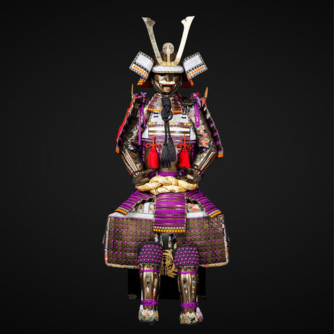 Oda Clan Kachi brown and purple samurai armor showcasing strong, dynamic design elements, akin to the best armor in Elden Ring and best armor in Fallout 4, offering protection and visual appeal with a unique, historical twist.