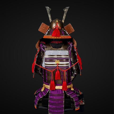 Armored Combat League influence, showcasing a battle-ready suit of armor in rich brown and purple hues, designed for intense, close-quarters combat.

