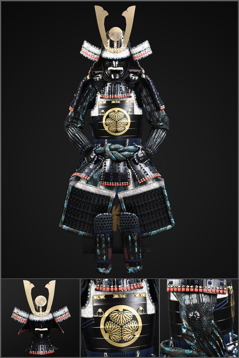 Handgefertigte schwarz-blaue Samurai-Rüstung des Tokugawa-Clans mit Ku 