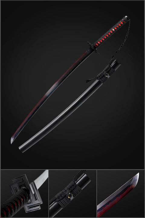 Hand Forged Tensa Zangetsu Bankai Katana – Red & Black Blade, T10 Clay Tempered with Hamon