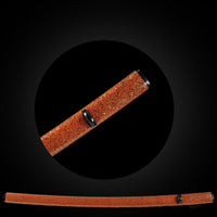 Black with gold dots and dark red leather-textured base saya with black Buffalo Horn.