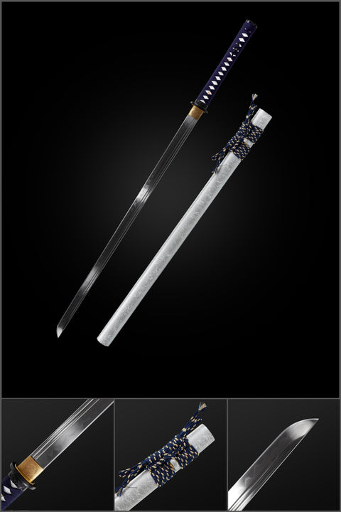 Silver Straight-Blade Samurai Sword Blue Handle, White Rayskin 1045 Carbon Steel