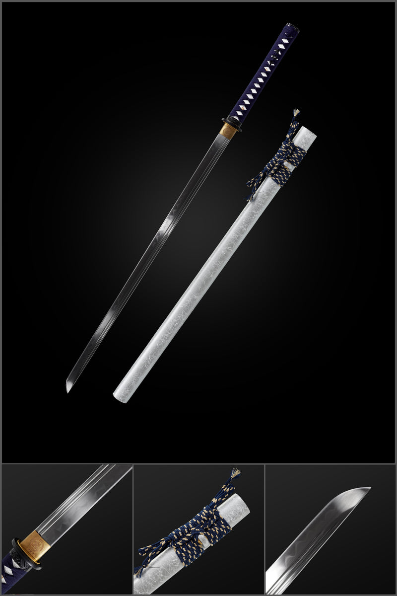 Silver Straight-Blade Samurai Sword 1045 High-Carbon Steel, Sharp Durable 