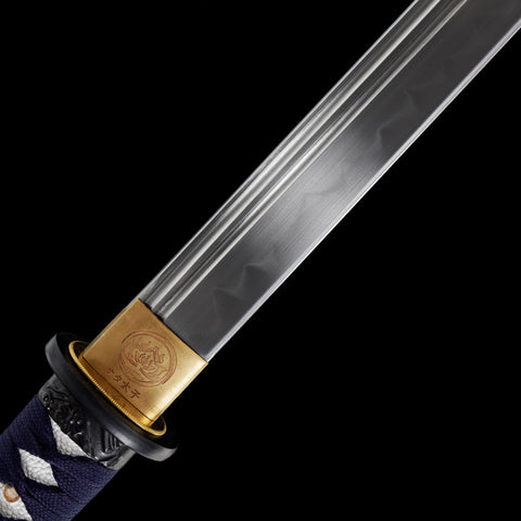 Silver Straight-Blade Samurai Sword Blue Handle, White Rayskin 1045 Carbon Steel
