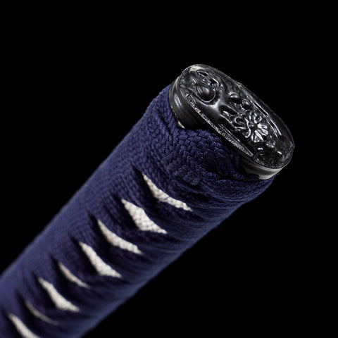 Silver Straight-Blade Samurai Sword Blue Handle, White Rayskin 1045 Carbon Steel