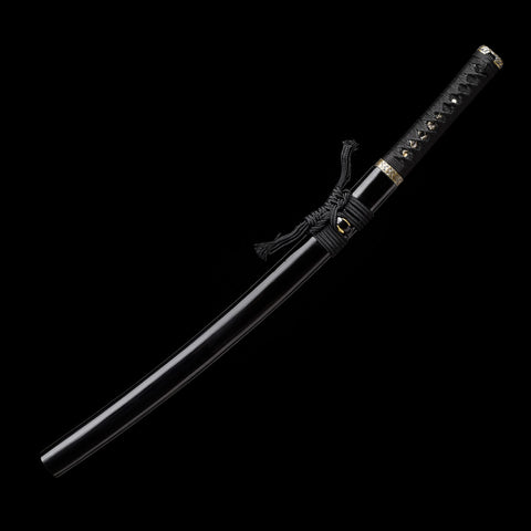 Wakizashi resting in its saya, showing the elegant black lacquer finish

