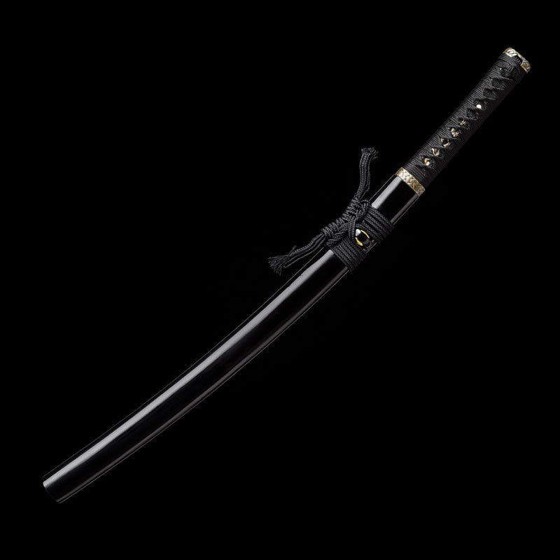 Hand-Forged T10 Wakizashi Sword Clay Tempered Black Blade Battle Ready 