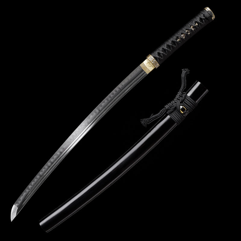 Hand-Forged T10 Wakizashi Sword Clay Tempered Black Blade Battle Ready 