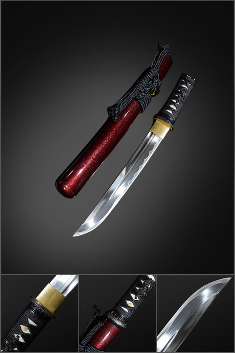  Hand forged Japanese tanto sword featuring a dark red shimmering saya, showcasing a beautifully crafted blade.