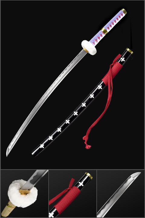 Anime replica of Trafalgar Law's Kikoku sword featuring a purple tsuka handle and 1060 carbon steel blade

